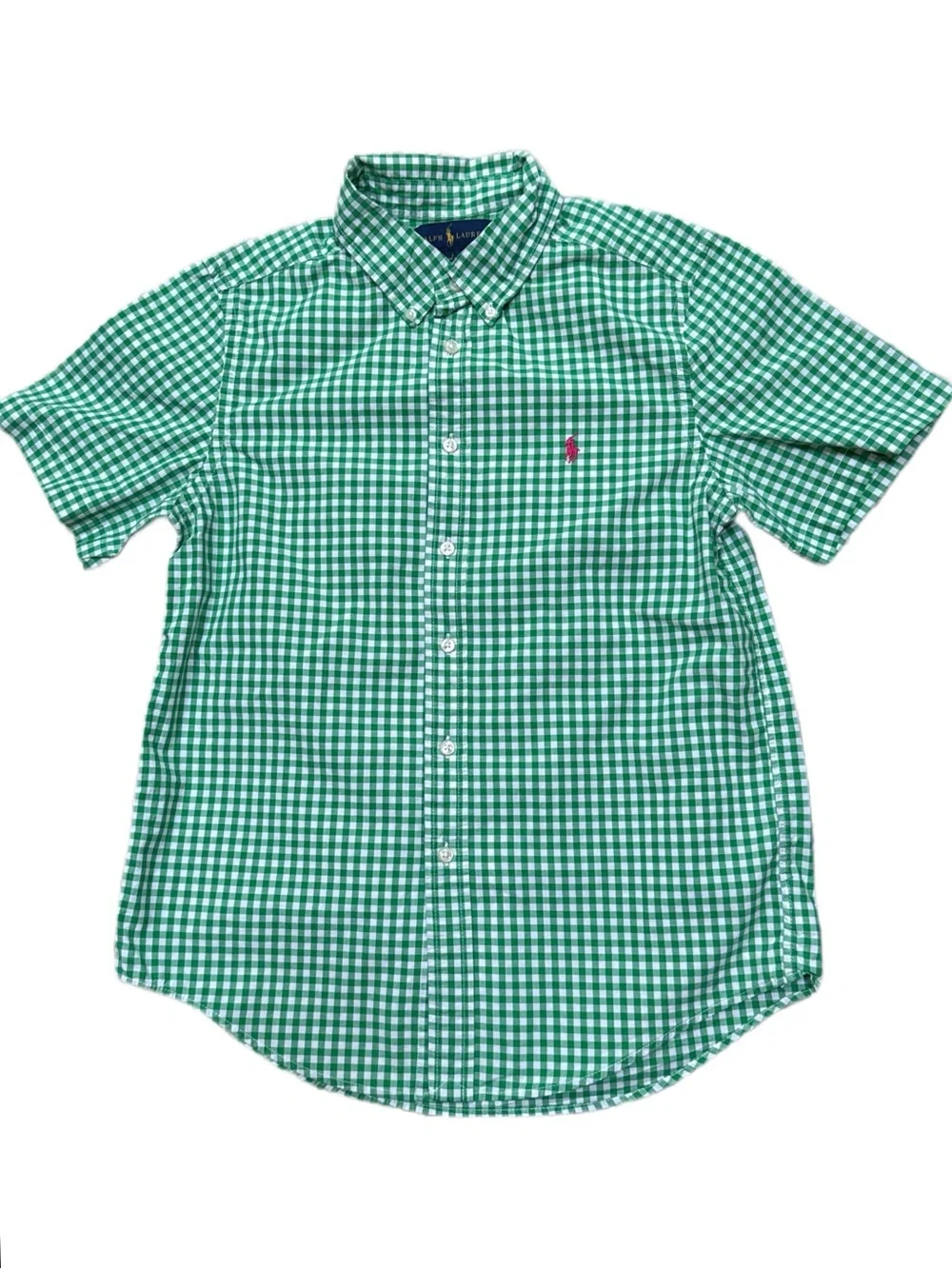 Polo Ralph Lauren Green Gingham Short Sleeve Button Down Shirt Boys L 14-16